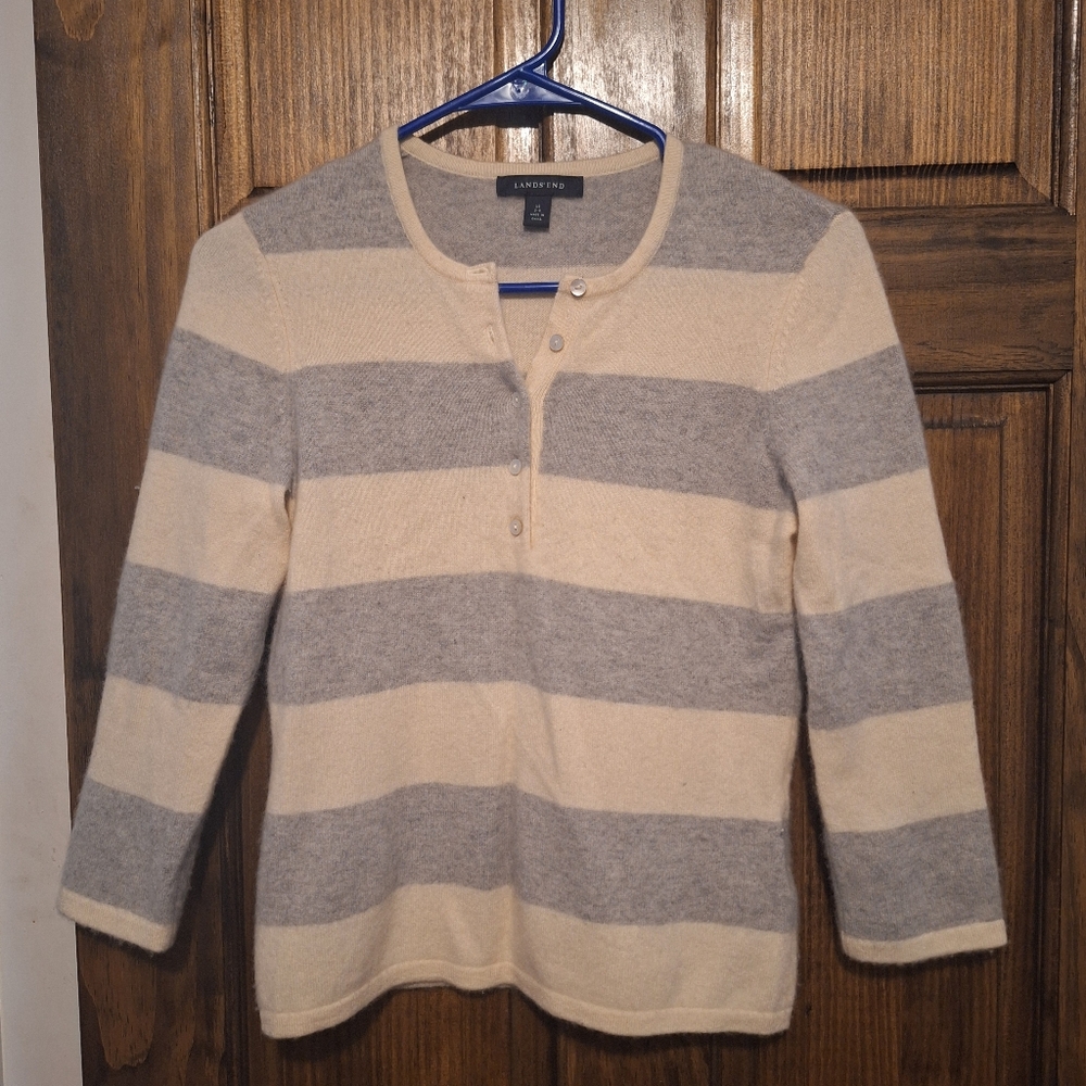 Lands' End Women's Gray and Cream Striped Sweater 100% Cashmere Size XS